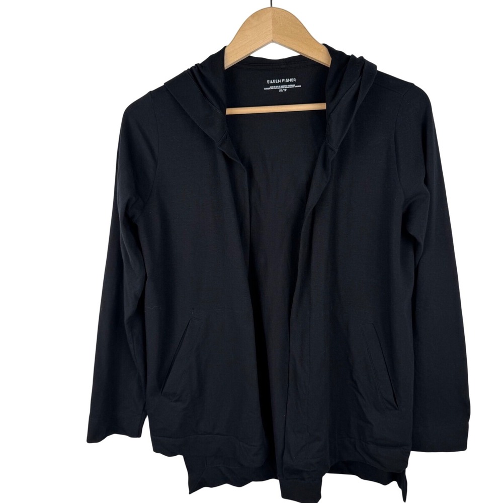 Eileen Fisher Hooded Cardigan Open Front Pockets Black Women's XS Knit Stretch